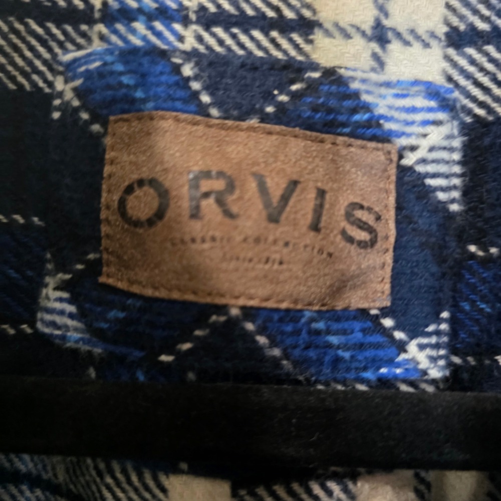 Orvis Flannel Shirt Mens L Blue White Plaid Cotton Heavyweight Workwear gorpcore - Picture 4 of 9